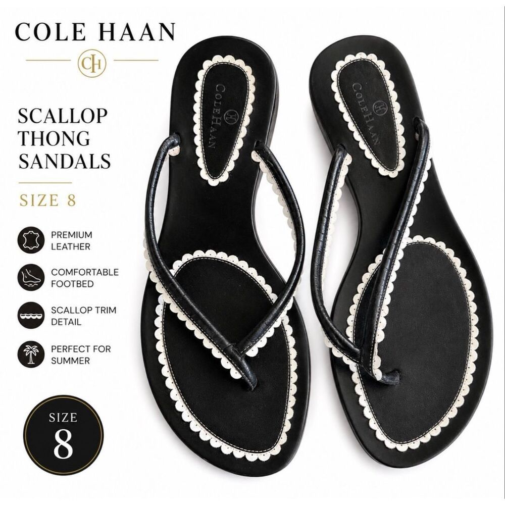 Cole Haan Black Scallop Trim Thong Sandals